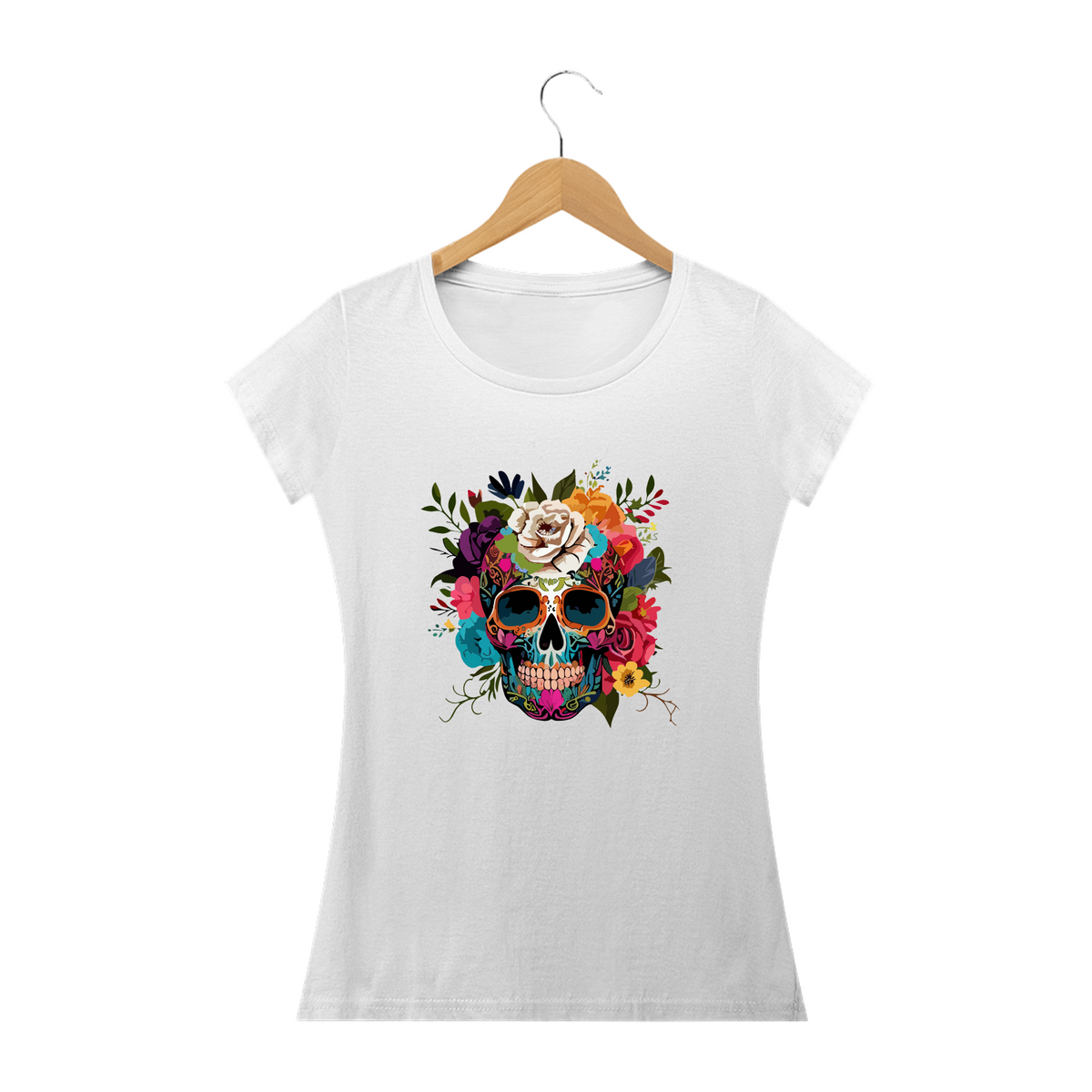 Nome do produto: CAVEIRA MEXICANA ÓCULOS E FLORES- Camiseta Personalizada com Estampa de Caveira