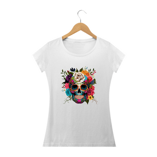 CAVEIRA MEXICANA ÓCULOS E FLORES- Camiseta Personalizada com Estampa de Caveira