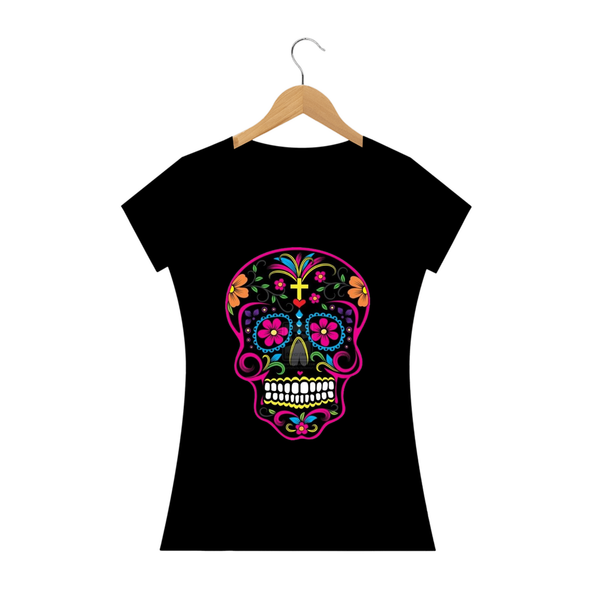 Nome do produto: Camiseta Personalizada Feminina Estampa CAVEIRA MEXICANA Preta