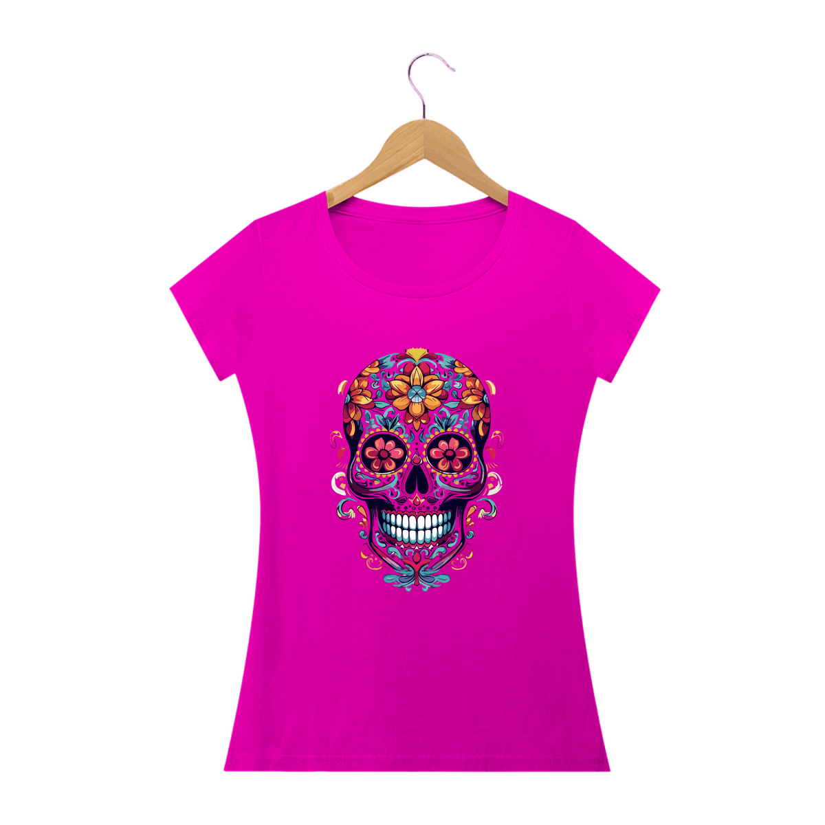 Nome do produto: CAVEIRA MEXICANA FLOR LARANJA - Camiseta Personalizada com Estampa de Caveira Mexicana
