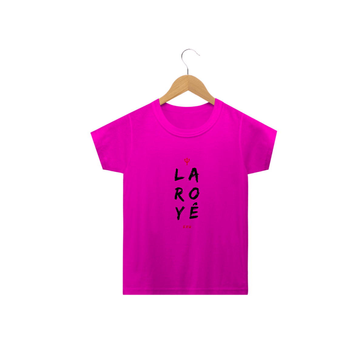 Nome do produto: Camiseta Exu Infantil - Saudação Laroyê Exu 100% Algodão Fio 24.1, 145g costura simples e gola ribana