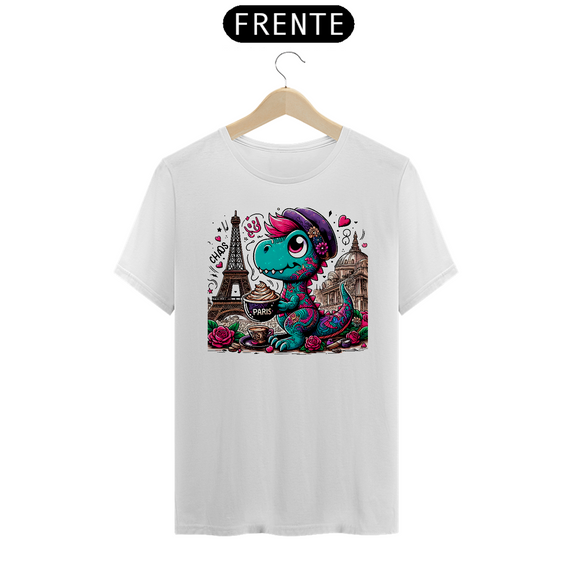 Camiseta Unissex - Dino em Paris adorável com a Torre Eiffel e Café