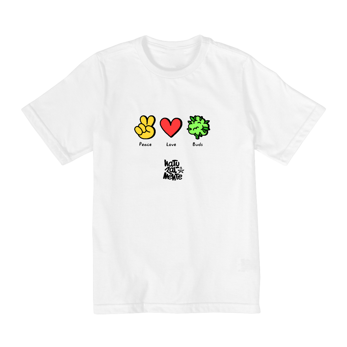 Nome do produto: Camiseta Infantil (10-14) Peace and Love and Buds Logo Preto