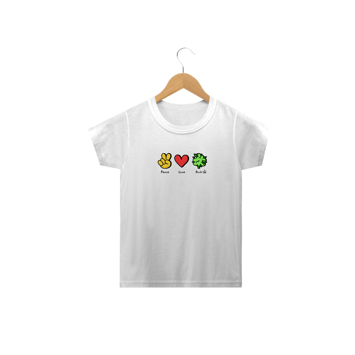 Nome do produto: Camiseta Infantil (2-14) Peace and Love and Buds Logo Preto