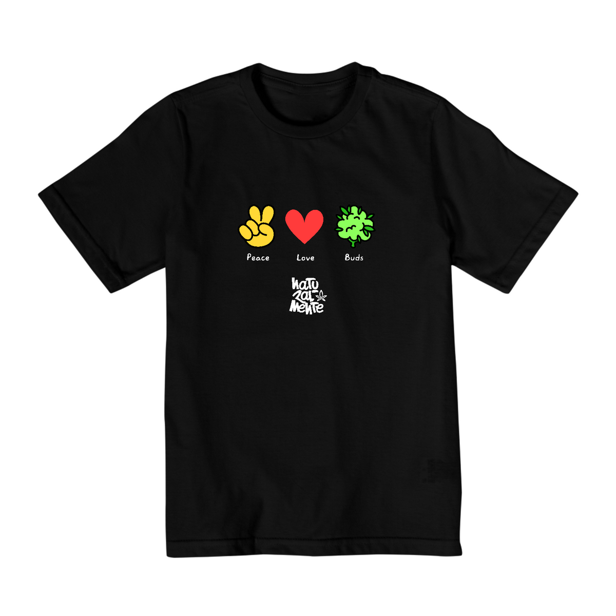 Nome do produto: Camiseta Infantil (10-14) Peace and Love and Buds Logo Branco