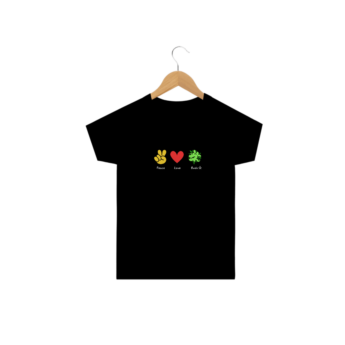 Nome do produto: Camiseta Infantil (2-14) Peace and Love and Buds Logo Branco