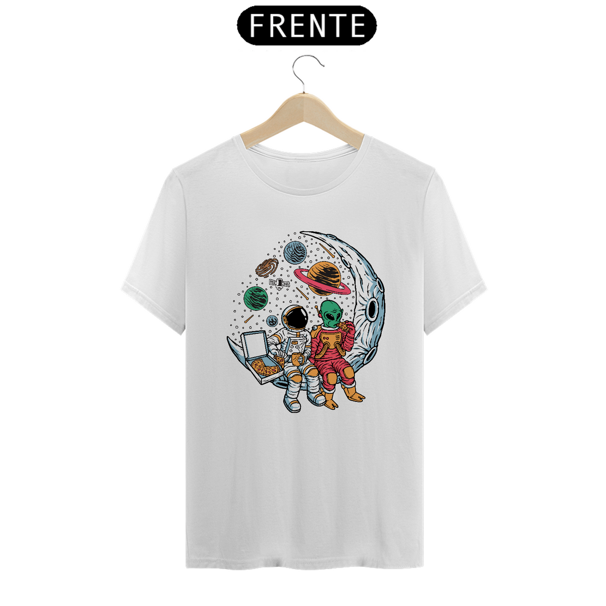 Nome do produto: Camiseta Astronauta e ET comendo Pizza Unissex