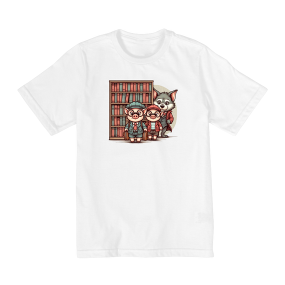 Camiseta Infantil Biblioteca com Três Porquinhos
