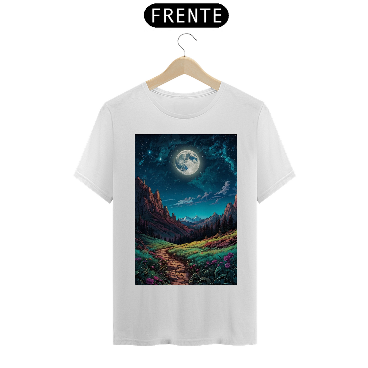 Nome do produto: Camiseta Masculina - Paisagem noturna brilhante com um céu estrelado e uma Lua cheia maravilhosa!