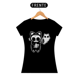 Camiseta Feminina Gato Caveirinha e Fantasminha