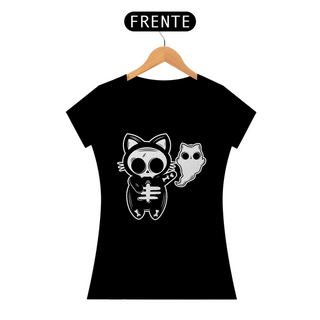 Camiseta Feminina Gato Caveirinha e Fantasminha