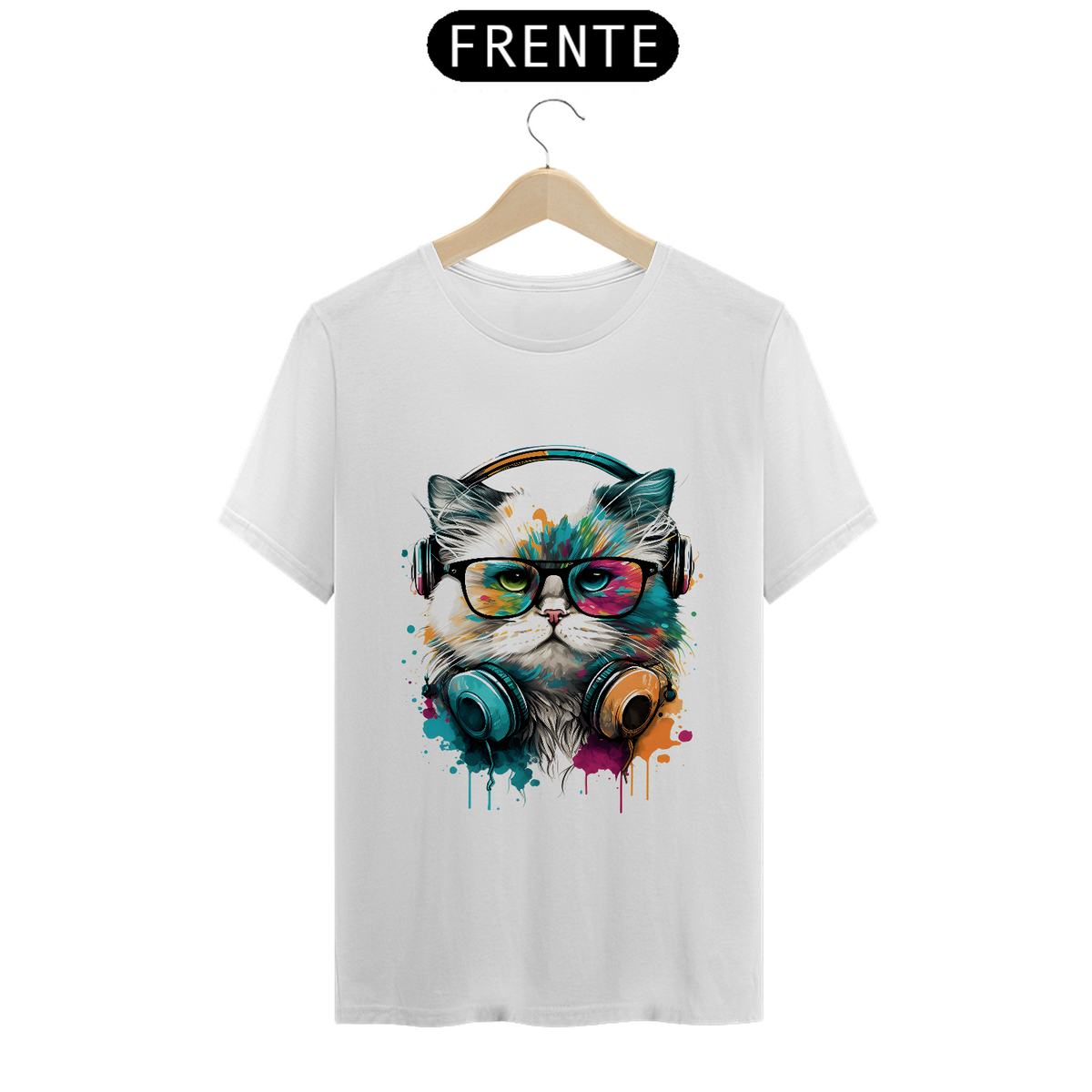 Nome do produto: Camisa do Gatinho espacial de Fones T-Shirt Clássica Masculino 