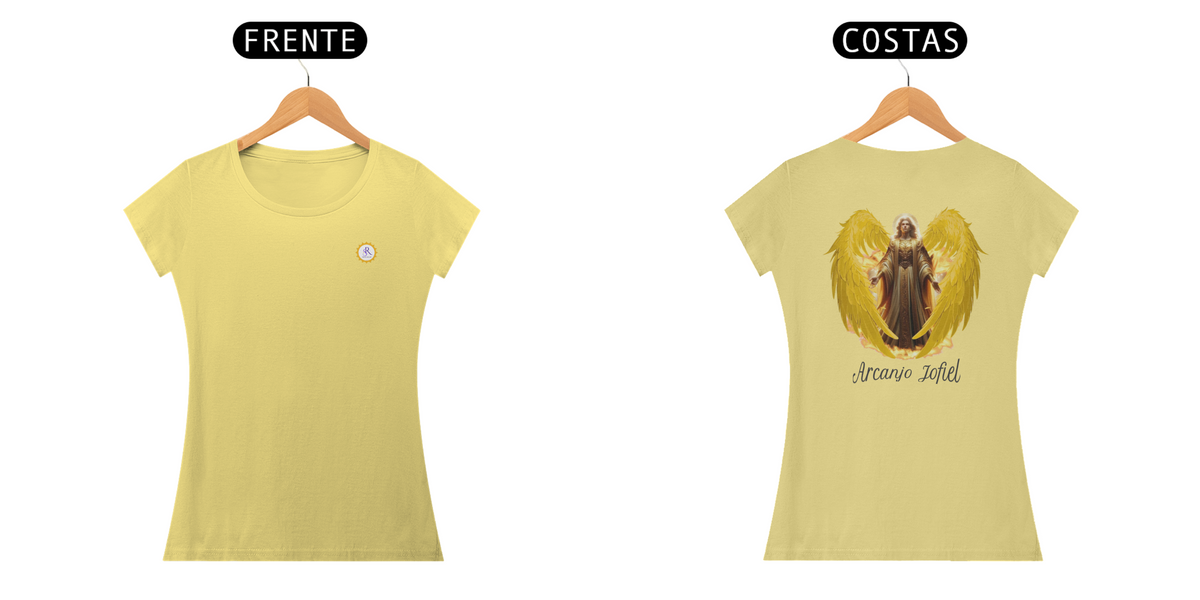 Nome do produto: CAMISETA FEM BABY LONG ESTONADA - ARCANJO JOFIEL - COLEÇÃO 7 RAIOS