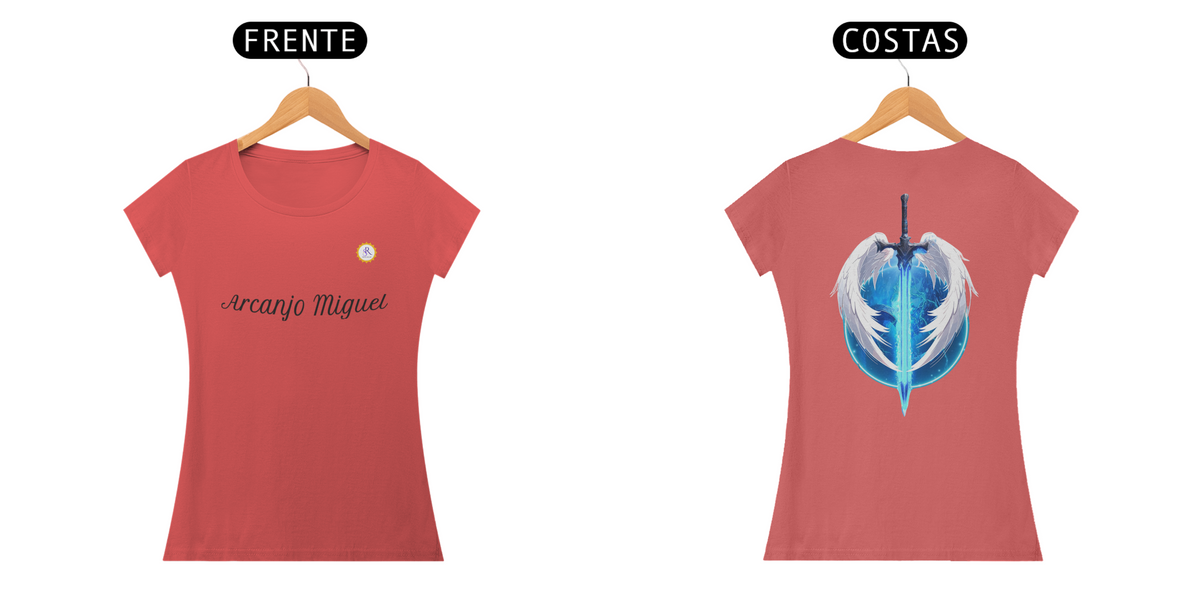 Nome do produto: CAMISETA FEM BABY LONG ESTONADA - ARCANJO MIGUEL - COLEÇÃO 7 RAIOS