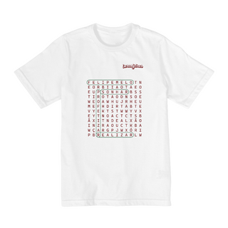 Camiseta Infantil Caça-palavras “Sonhar, profetizar e realizar” - Estampa grená