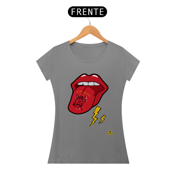 Camiseta feminina para o Dia do Rock com estampa de boca com língua pra fora tipo Rolling Stones.