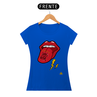 Nome do produtoCamiseta feminina para o Dia do Rock com estampa de boca com língua pra fora tipo Rolling Stones.