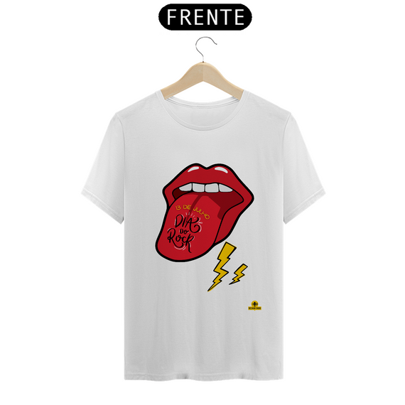 Camiseta Dia do Rock com estampa de boca com lingua pra fora tipo Rolling Stones.