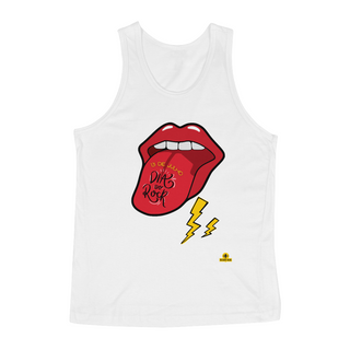 Camiseta Dia do Rock regata com estampa de boca com lingua pra fora tipo Rolling Stones.