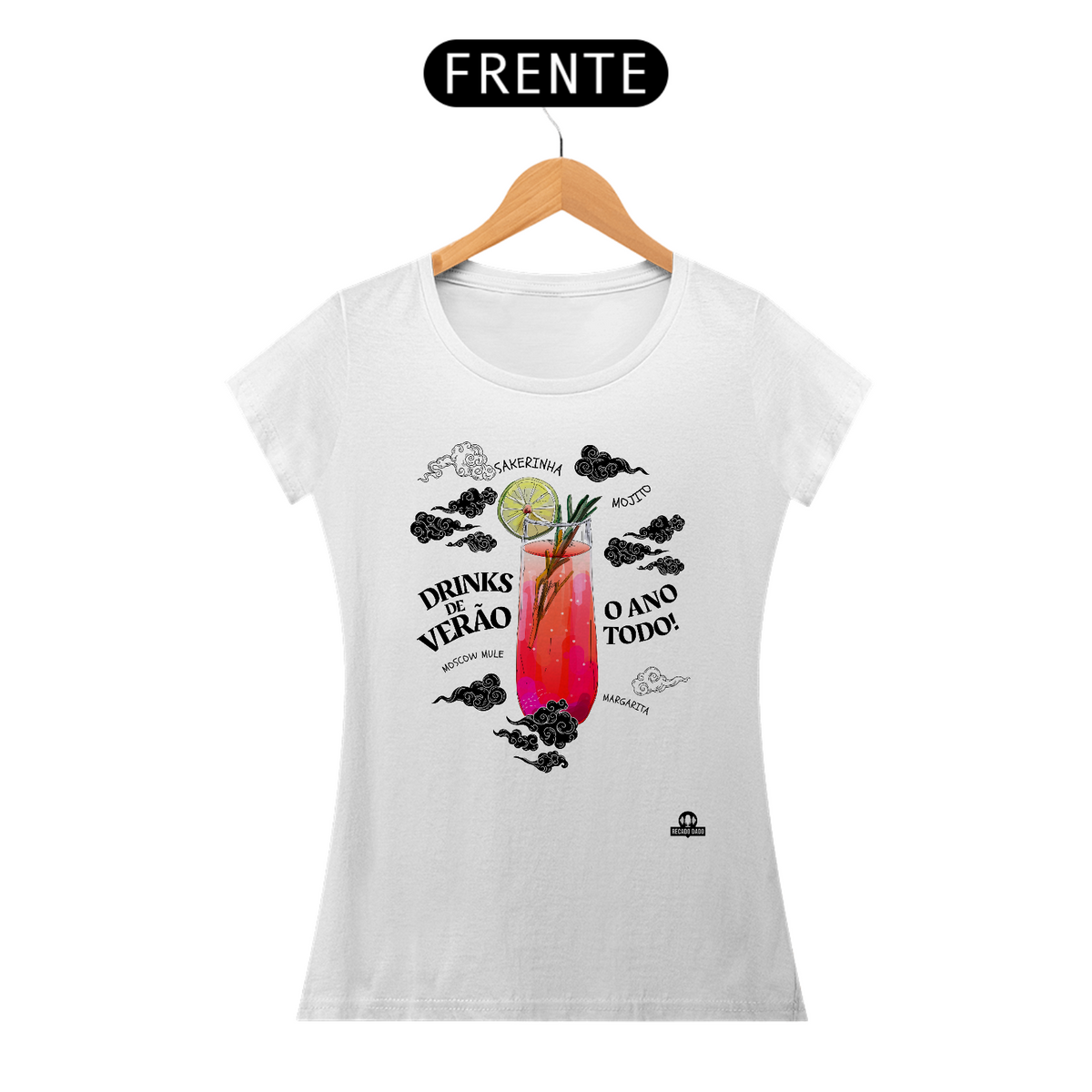 Nome do produto: Camiseta feminina de barman com estampa drinks de verão para todo o ano como sakerinha, mojito, moscow mule e margarita.