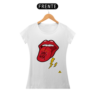 Nome do produtoCamiseta feminina para o Dia do Rock com estampa de boca com língua pra fora tipo Rolling Stones.