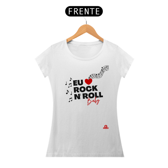 Camiseta feminina de rock estilizada com a frase 