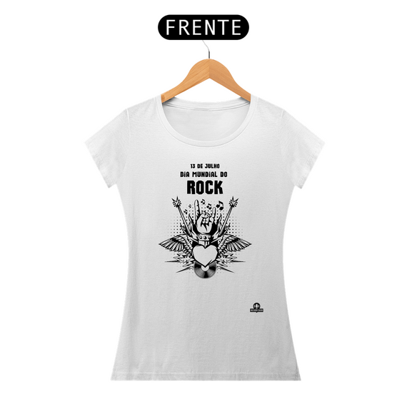 Camiseta comemorativa do dia mundial do rock com estampa de símbolos do rock n' roll.