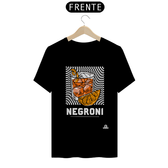 Camiseta de barman com estampa do famoso coquetel Negroni.