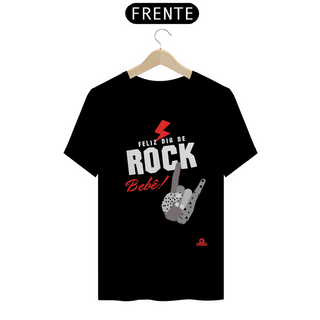 Camiseta Feliz dia Mundial do Rock Bebê, com estampa de mão punk fazendo chifrinho.