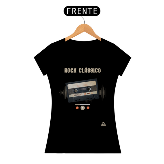 Camiseta feminina Retrô Rock Clássico com estampa de fita k7.