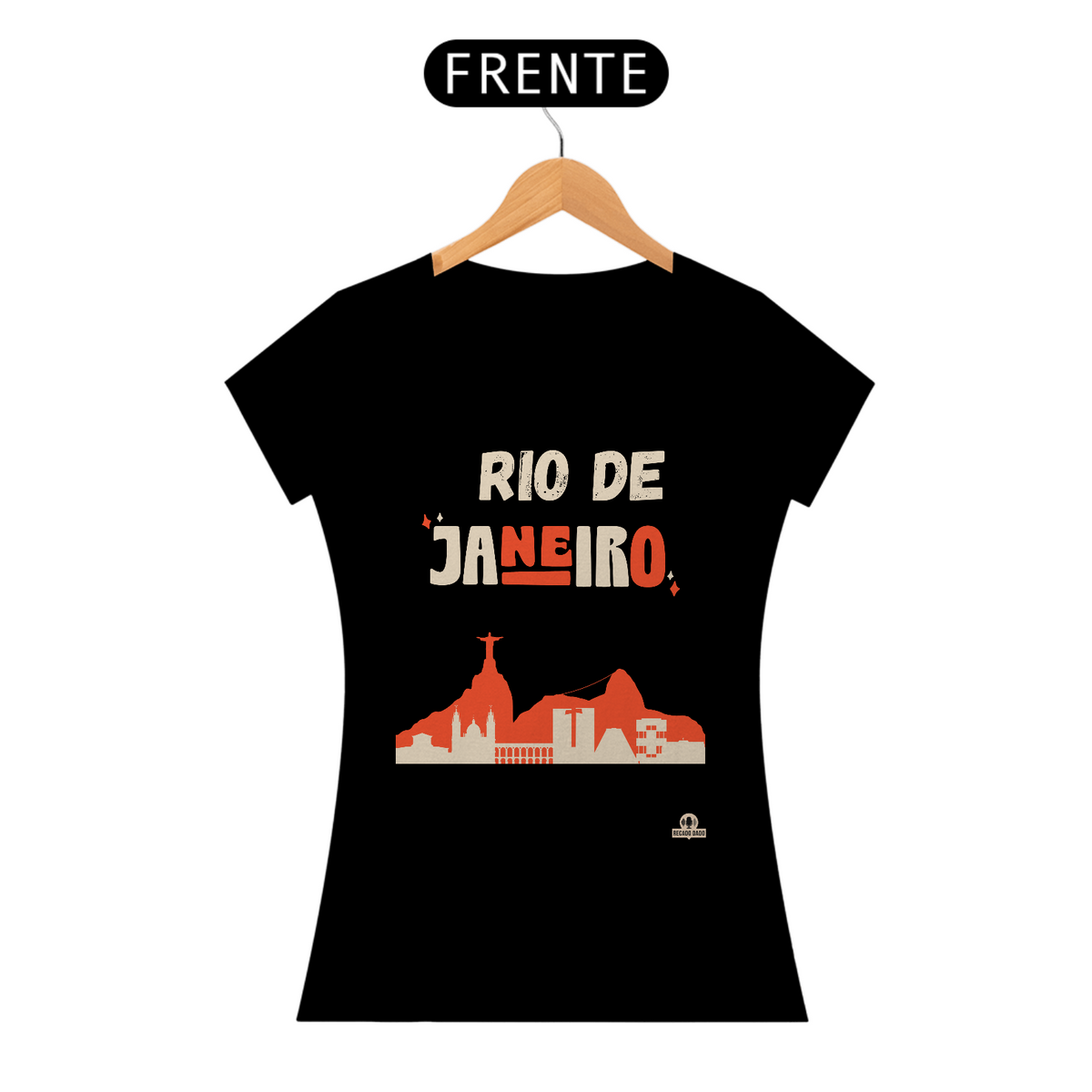 Nome do produto: Camiseta feminina com linda silhueta do Rio de Janeiro, com as paisagens da cidade maravilhosa.
