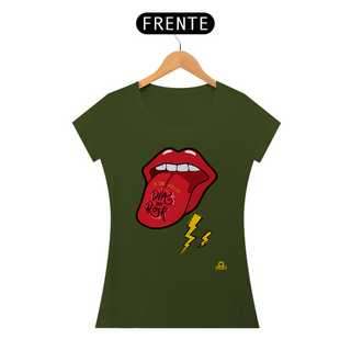 Nome do produtoCamiseta feminina para o Dia do Rock com estampa de boca com língua pra fora tipo Rolling Stones.