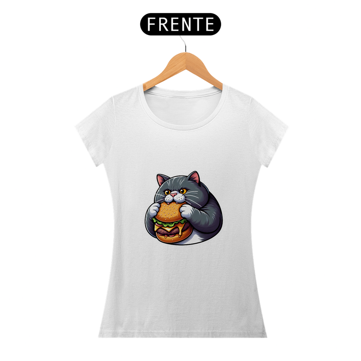 Nome do produto: Camiseta Sticker Feminina - Gato Hamburger