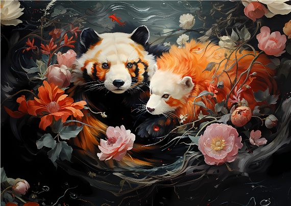 Tela Noite de Pandas e Flores