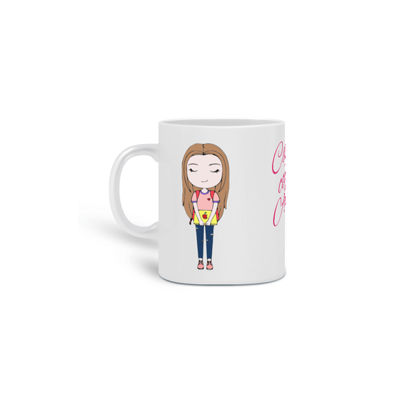 Canequinha fofinha com bonequinha e doodles, frase: Café com Amor!