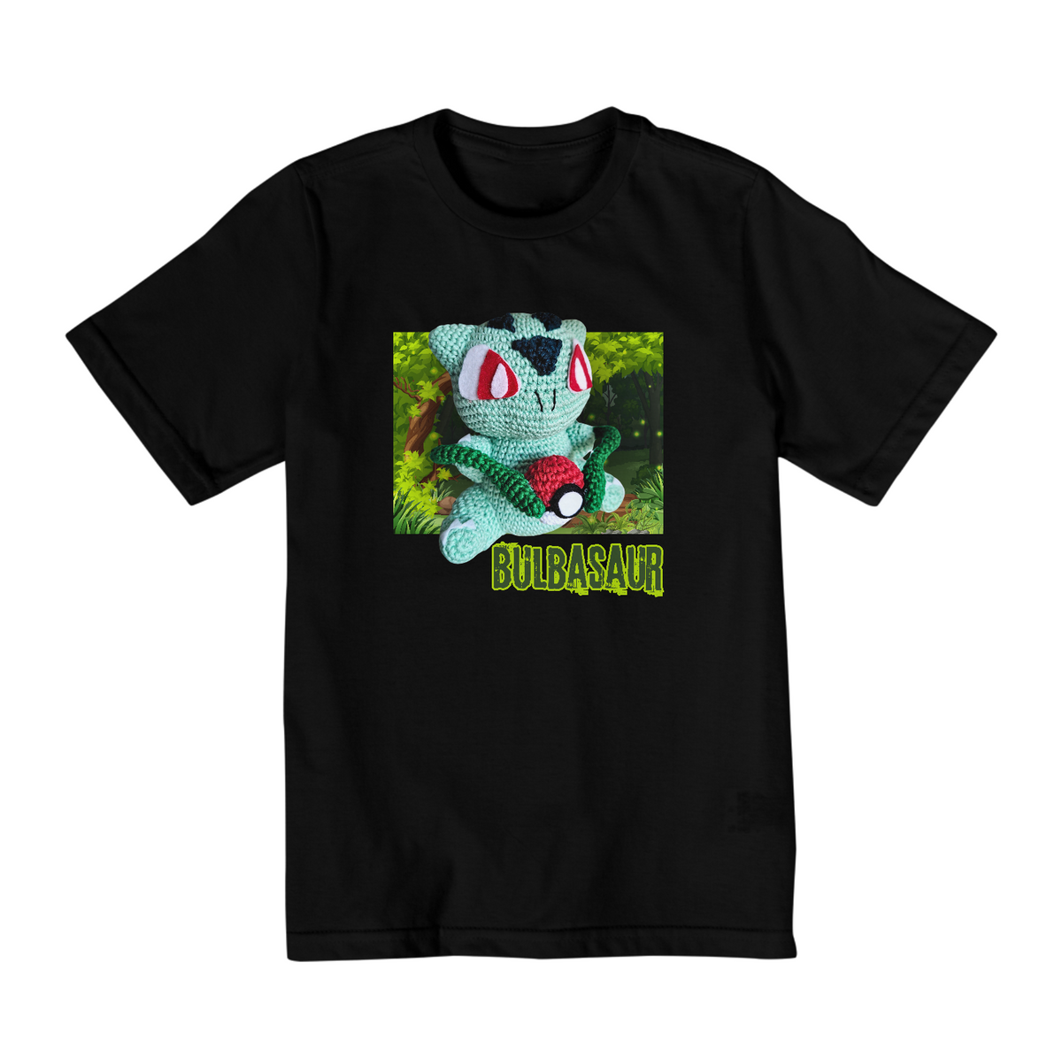 Nome do produto: Camiseta Infantil Bulbasauro Inspirada Pokemon Amigurumi