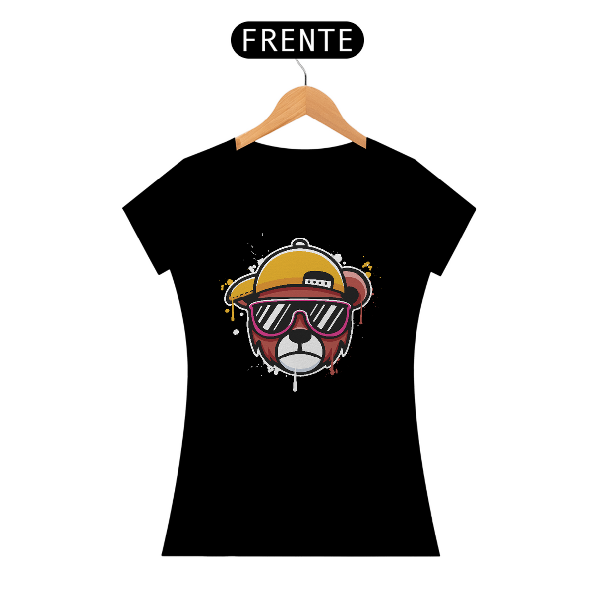 Nome do produto: Camiseta Feminina Urso de Boné