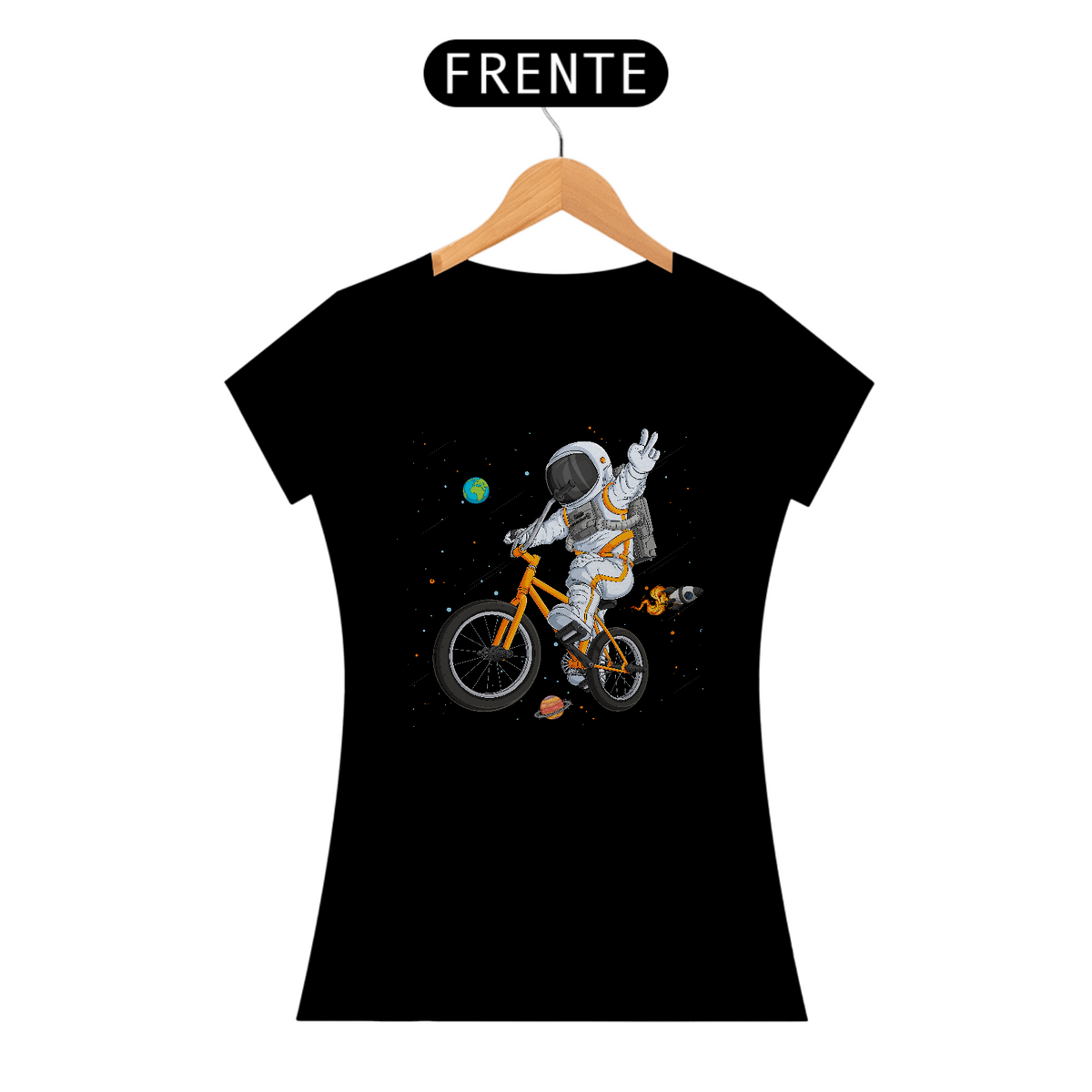 Nome do produto: Camiseta Feminina Astronauta Bicicleta