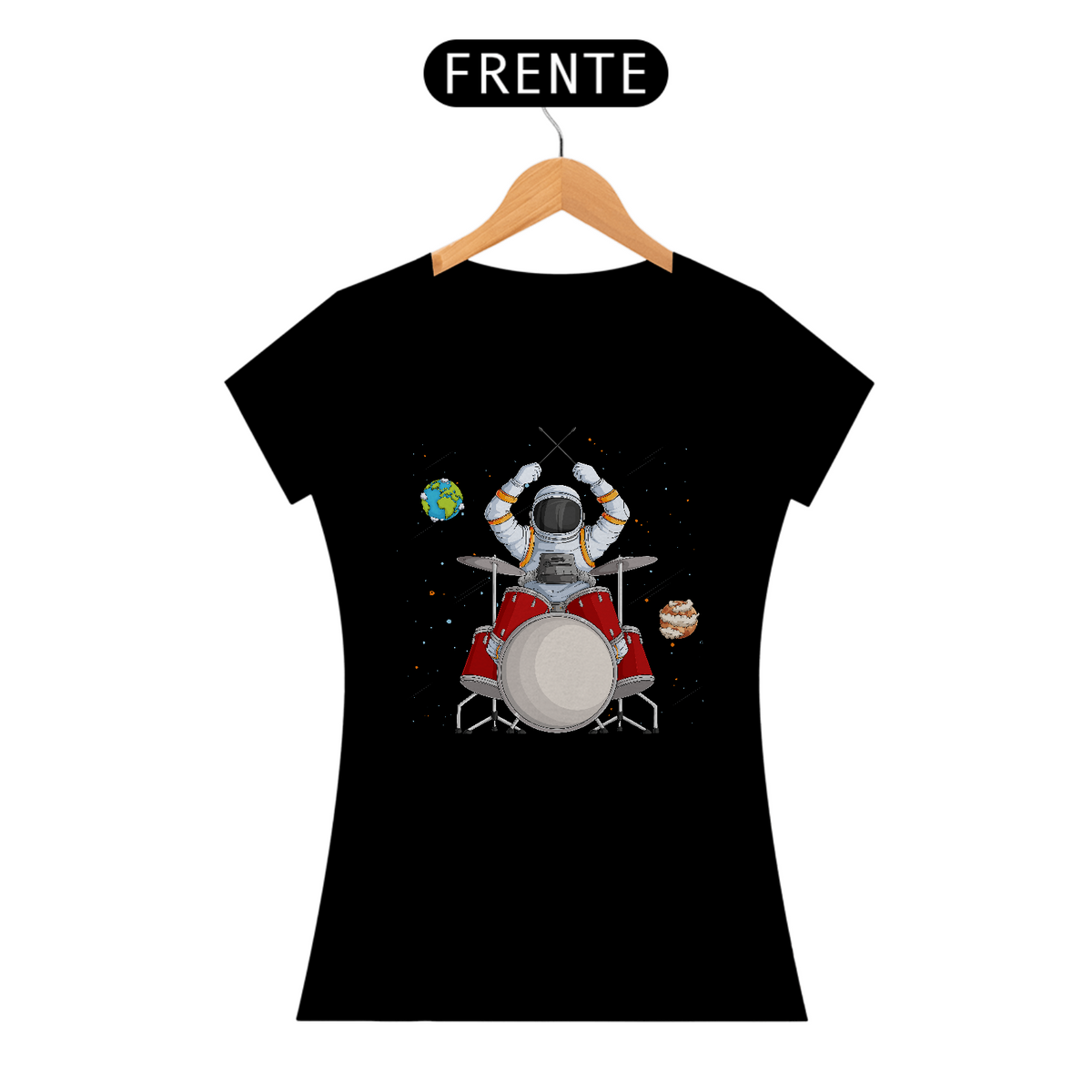 Nome do produto: Camiseta Feminina Astronauta Baterista