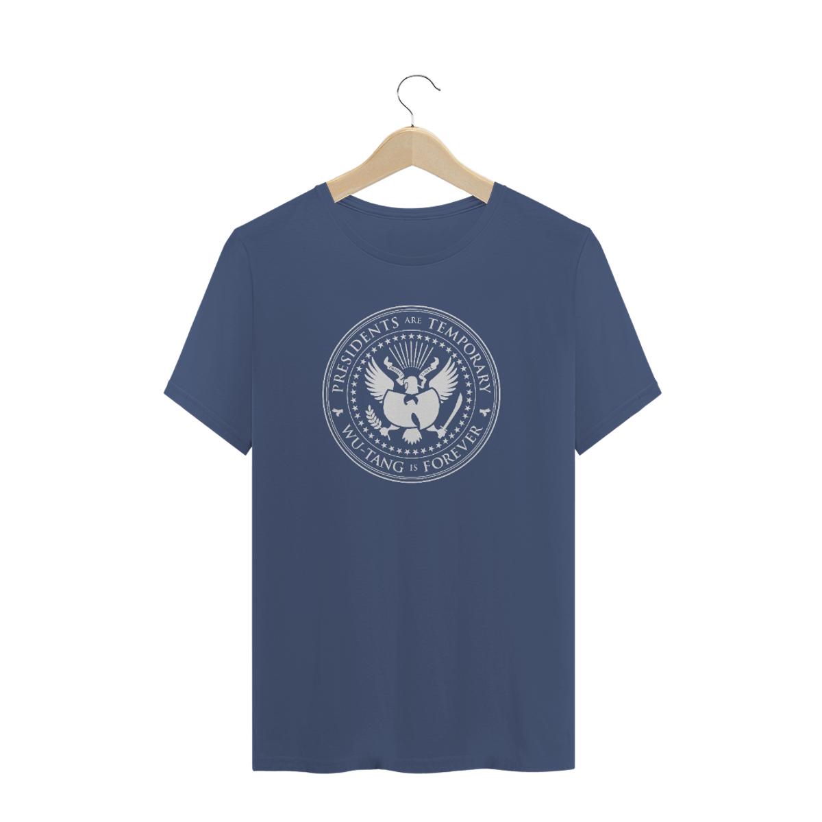 Nome do produto: Camiseta de Malha ESTONADA Pré-Lavada Wu Tang Clan Presidents Are Temporary Marinho