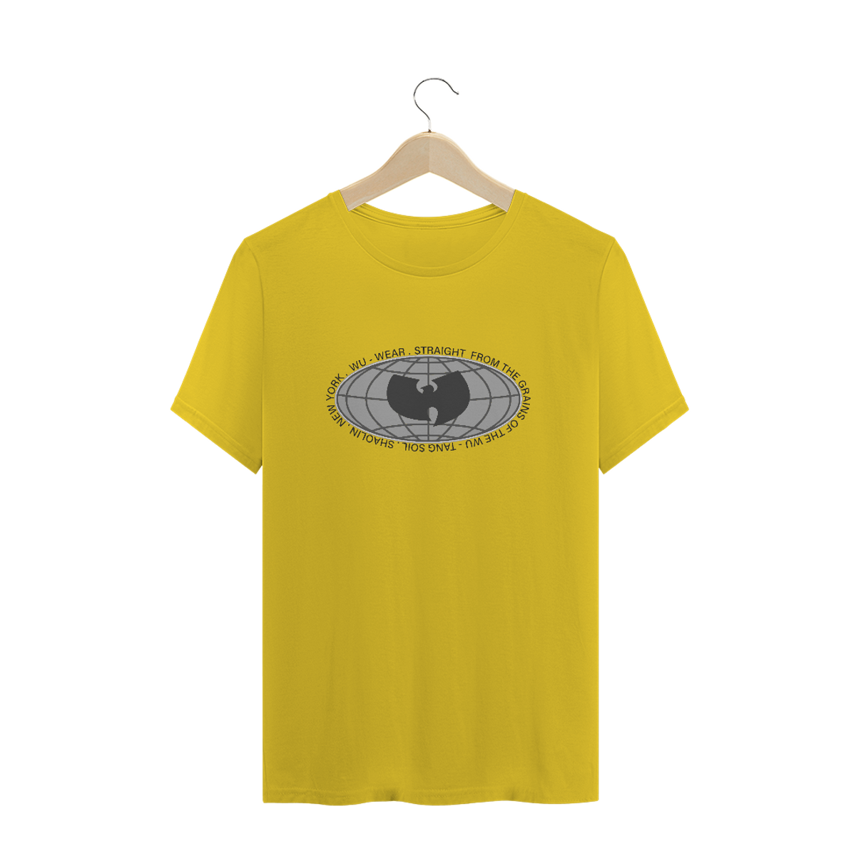 Nome do produto: Camiseta de Malha ESTONADA Pré-Lavada Wu Tang Clan Globo Letras Amarelo