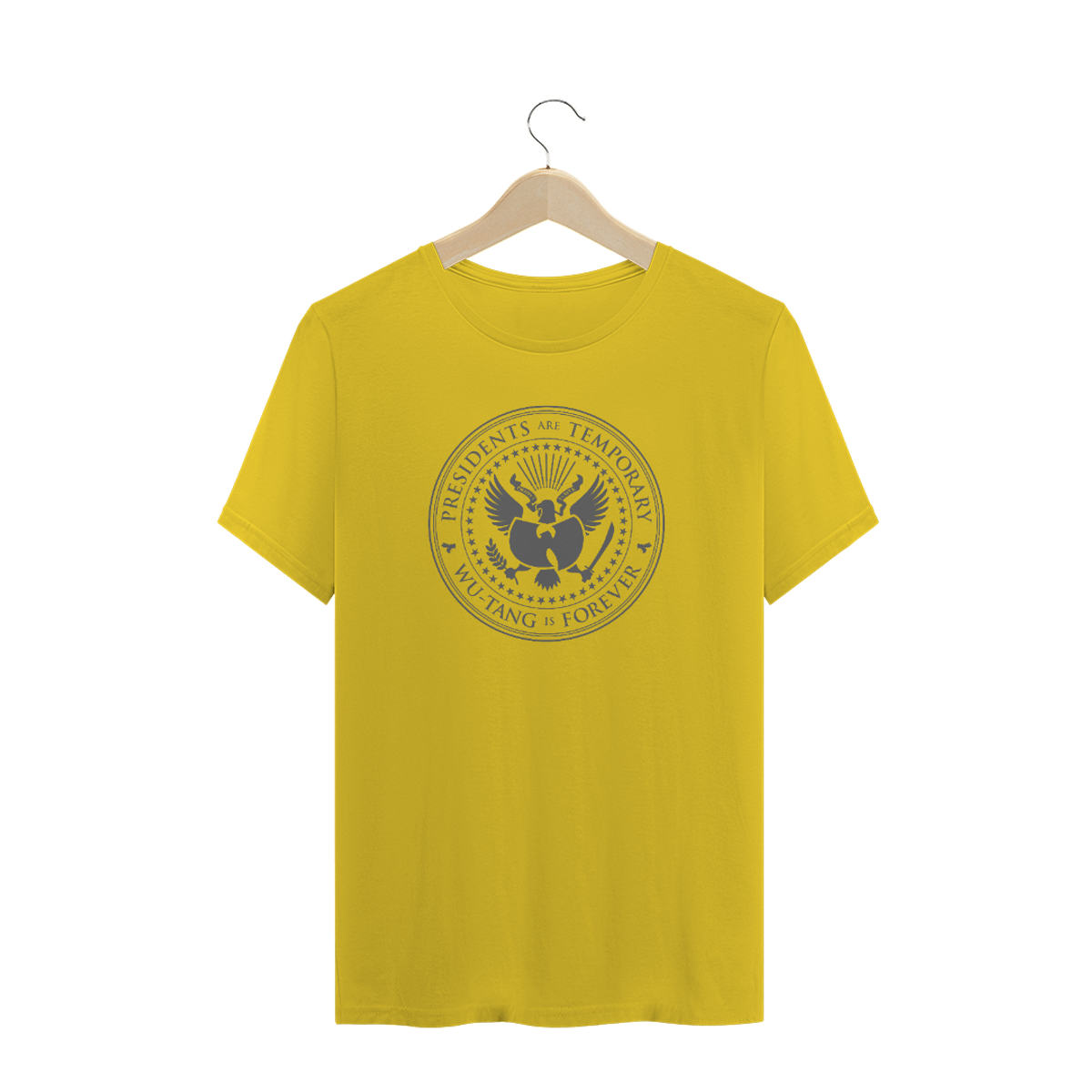 Nome do produto: Camiseta de Malha ESTONADA Pré-Lavada Wu Tang Clan Presidents Are Temporary Amarelo