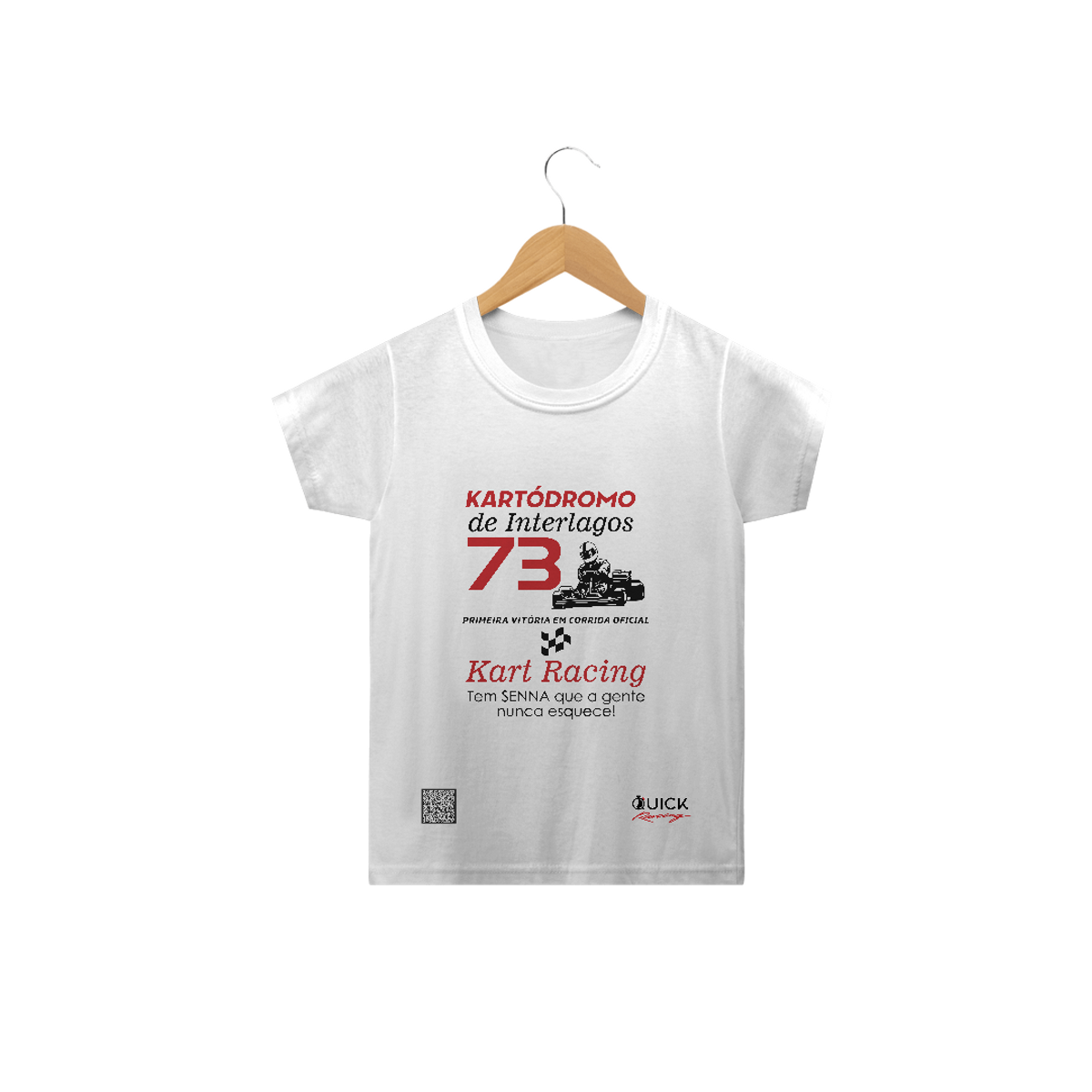 Nome do produto: T-Shirt Classic Infantil Quick Racing | 1973 Kartódromo de Interlagos - 1ª Vitória em corrida oficial [ QRCode ]