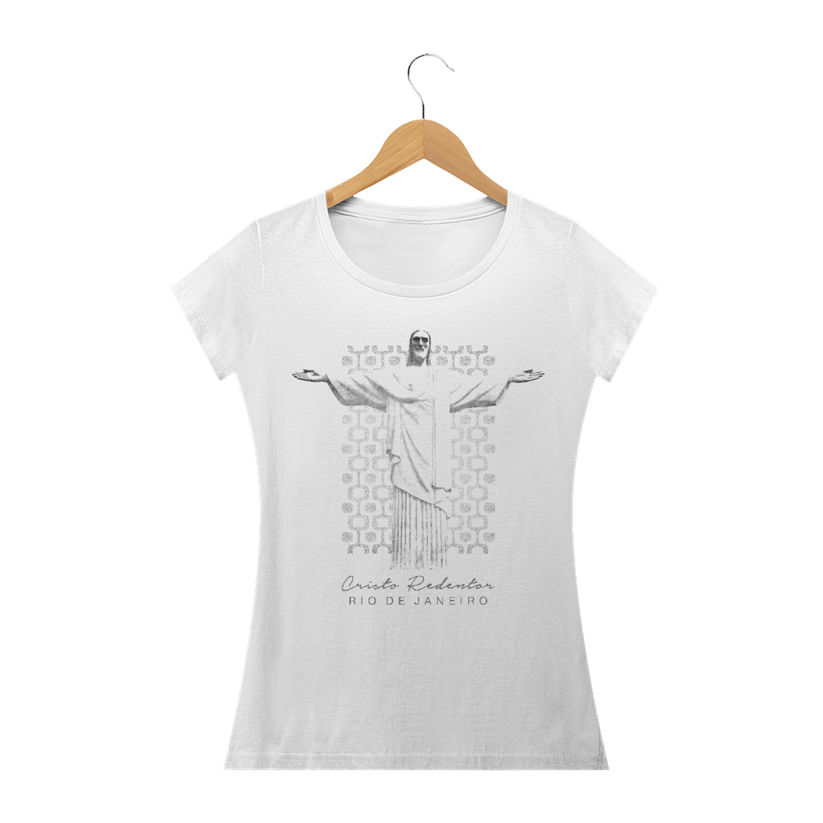 Nome do produto: Camiseta Feminina Cristo Redentor braços abertos calçadão Ipanema
