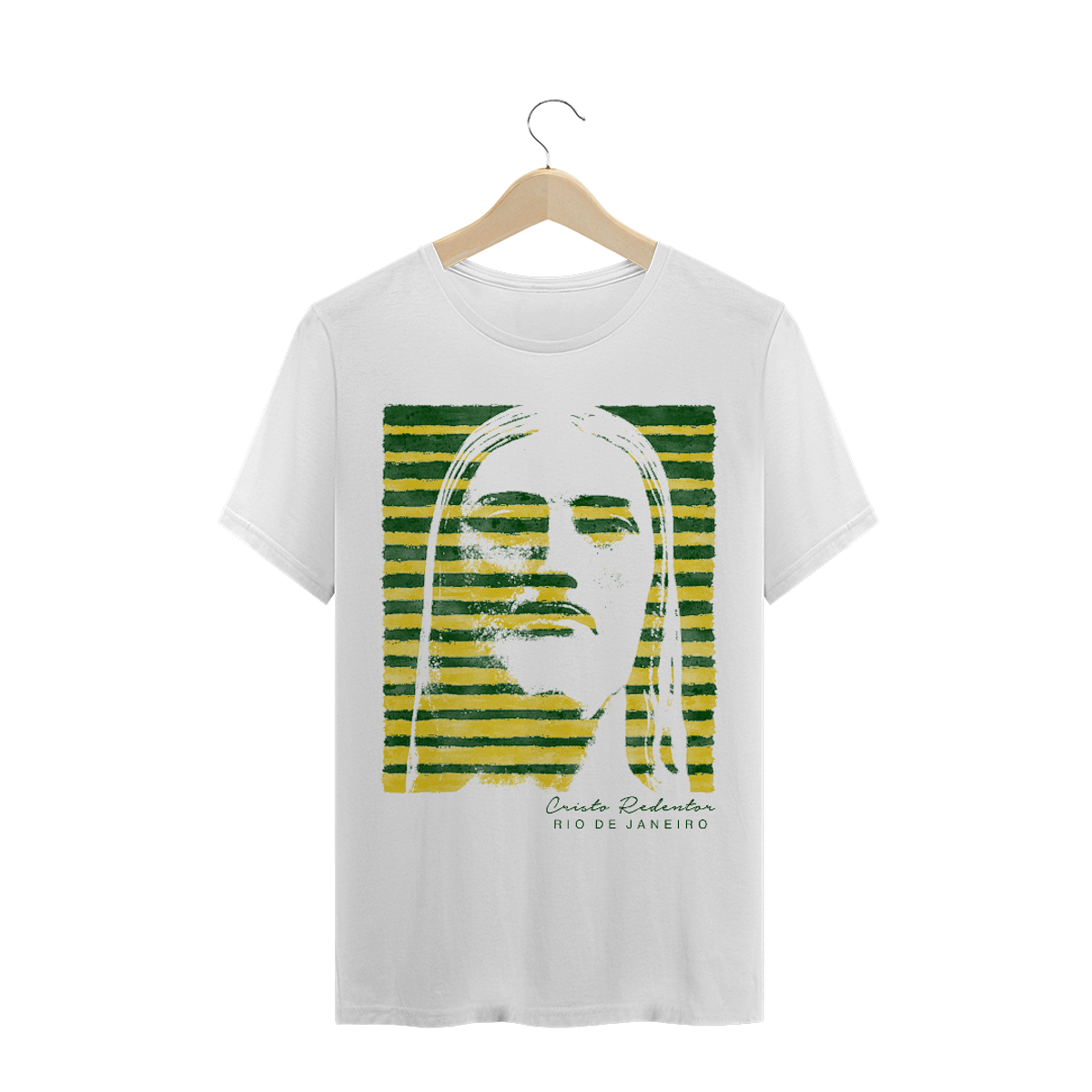 Nome do produto: Camiseta Masculina Cristo Redentor verde e amarelo
