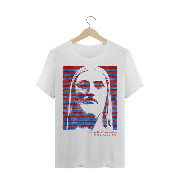 Camiseta Masculina Cristo Redentor azul e vermelho