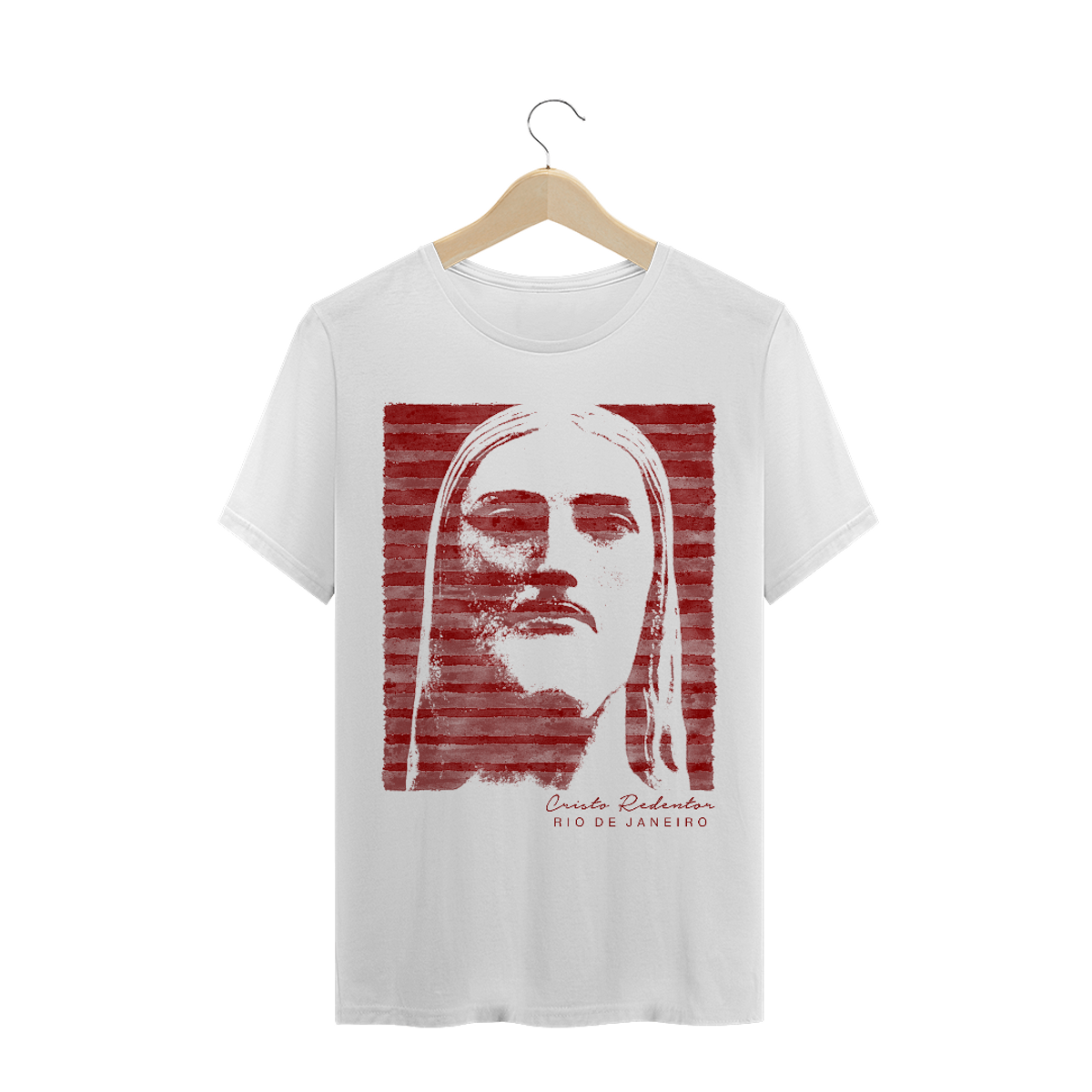 Nome do produto: Camiseta Masculina Cristo Redentor listras vermelhas