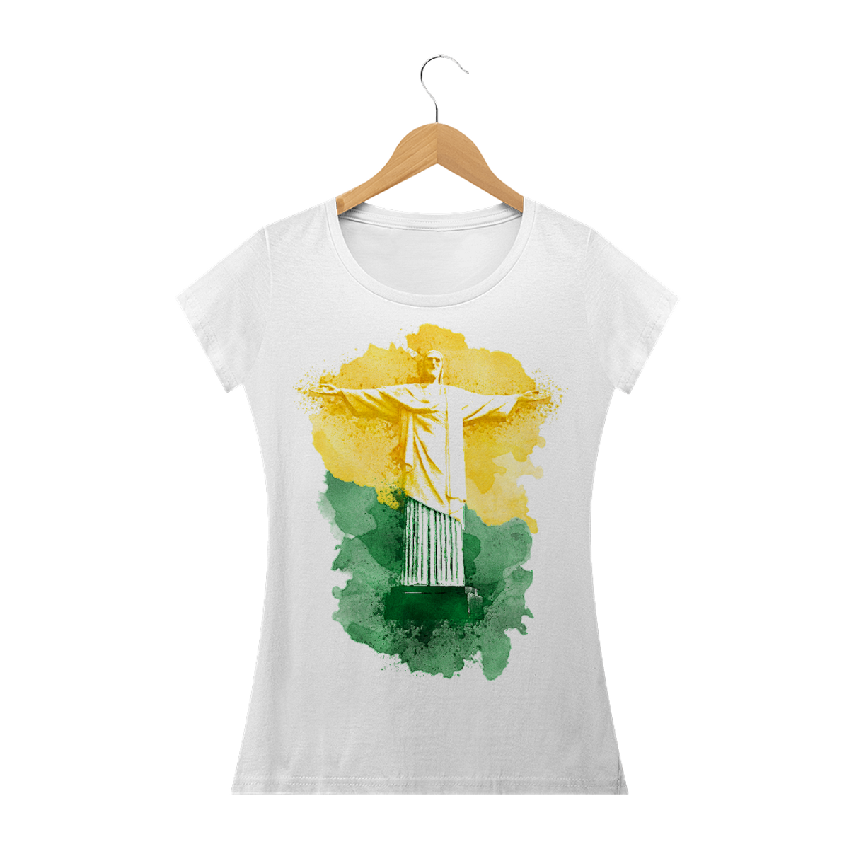 Nome do produto: Camiseta Feminina Cristo Redentor Aquarela
