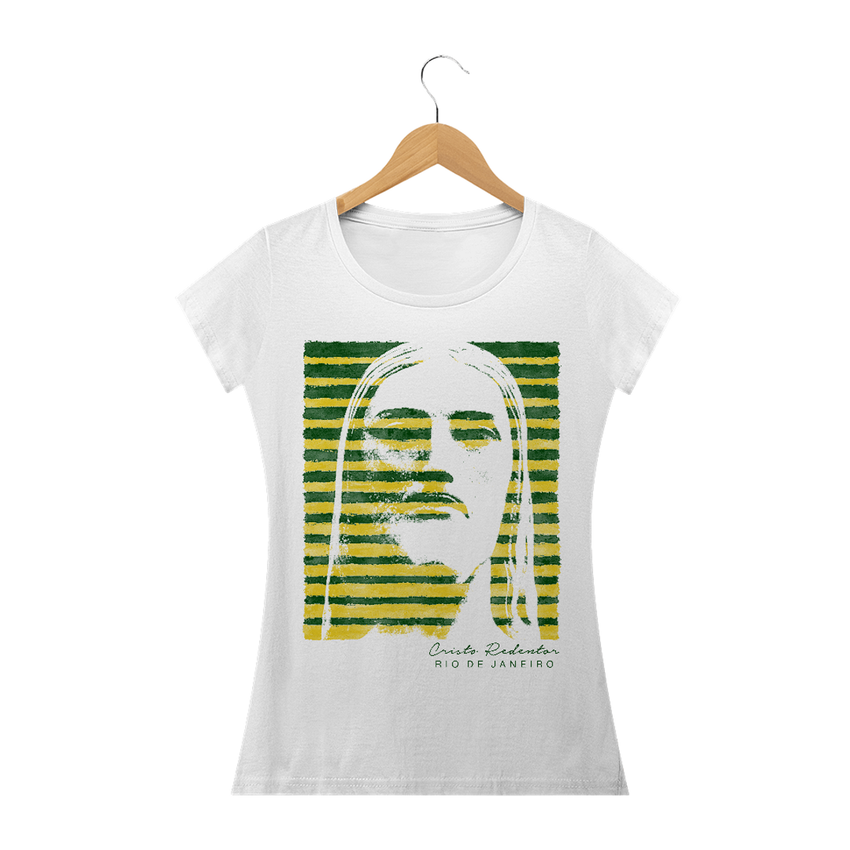 Nome do produto: Camiseta Feminina Cristo Redentor verde e amarelo