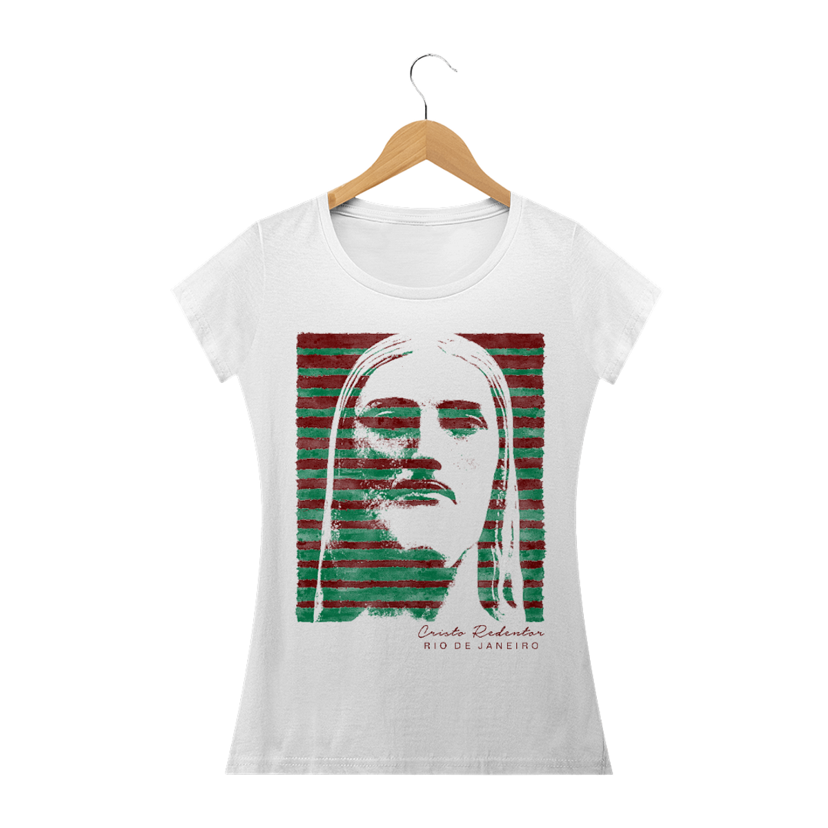 Nome do produto: Camiseta Feminina Cristo Redentor verde e grená